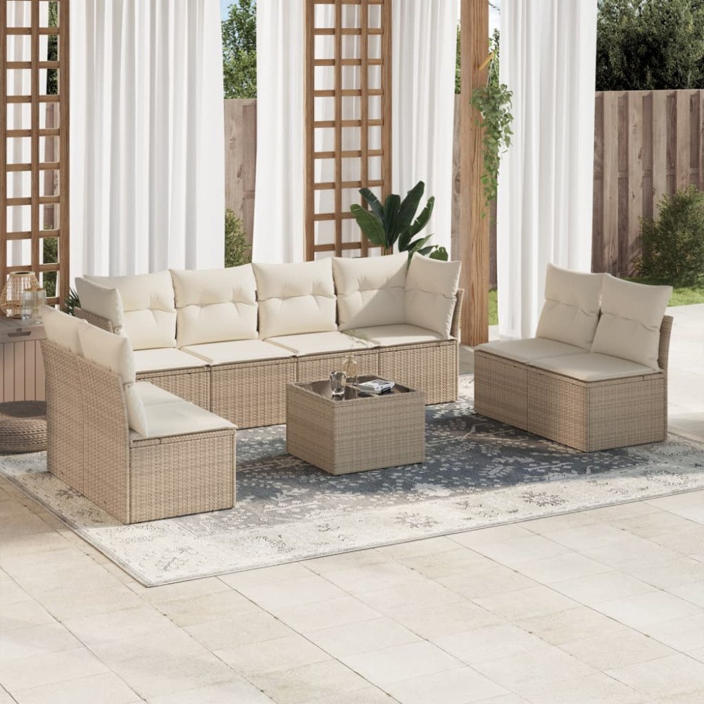 vidaXL Soffgrupp för trädgården med dynor 9 delar beige konstrotting