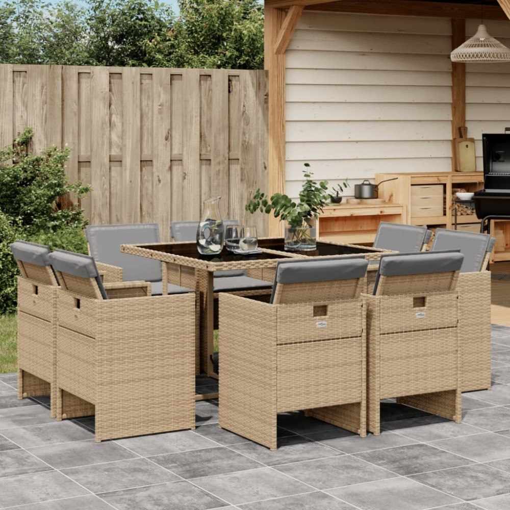 vidaXL Matgrupp för trädgården med dynor 9 delar mixbeige konstrotting