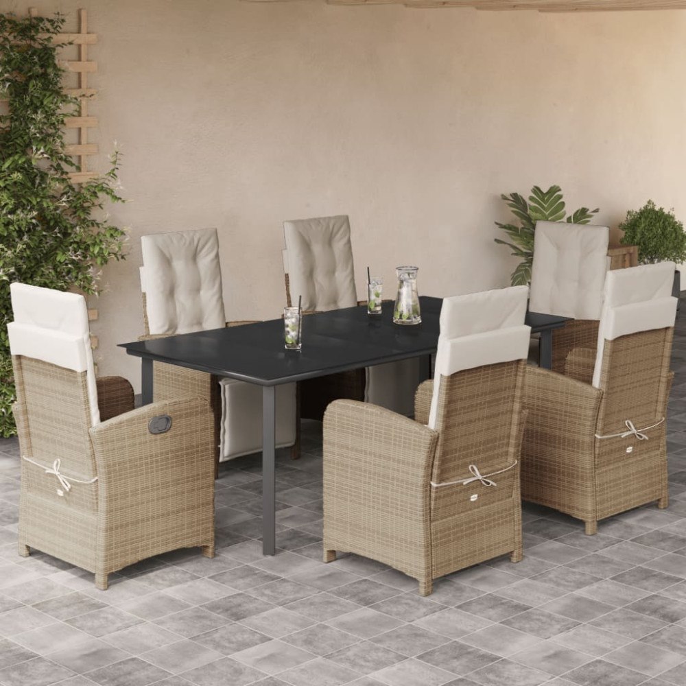vidaXL Matgrupp för trädgården med dynor 7 delar beige konstrotting