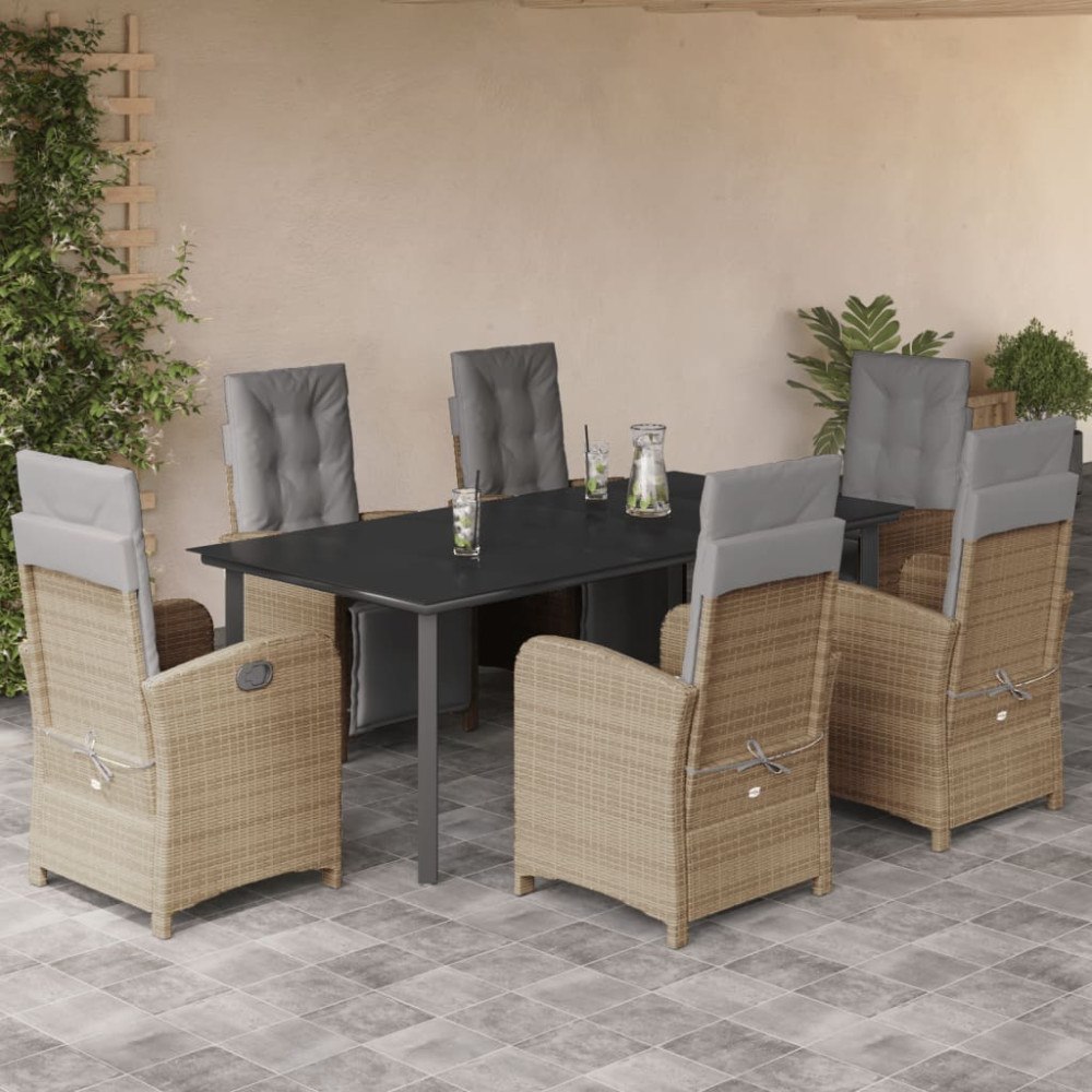 vidaXL Matgrupp för trädgården med dynor 7 delar beige konstrotting