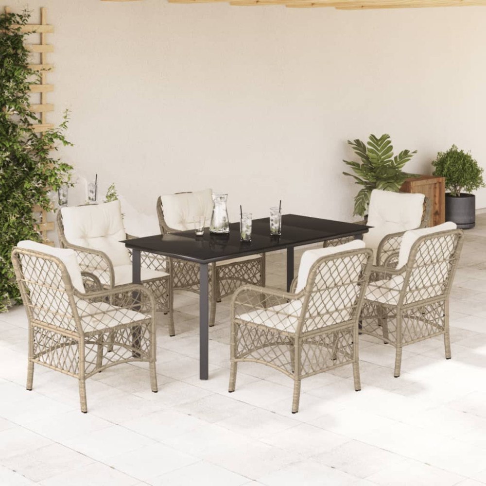 vidaXL Matgrupp för trädgården med dynor 7 delar beige konstrotting