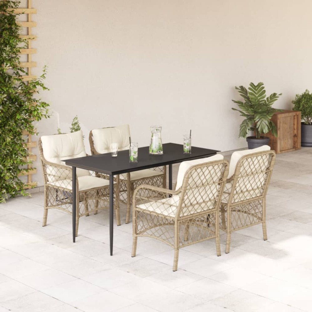 vidaXL Matgrupp för trädgården med dynor 5 delar beige konstrotting