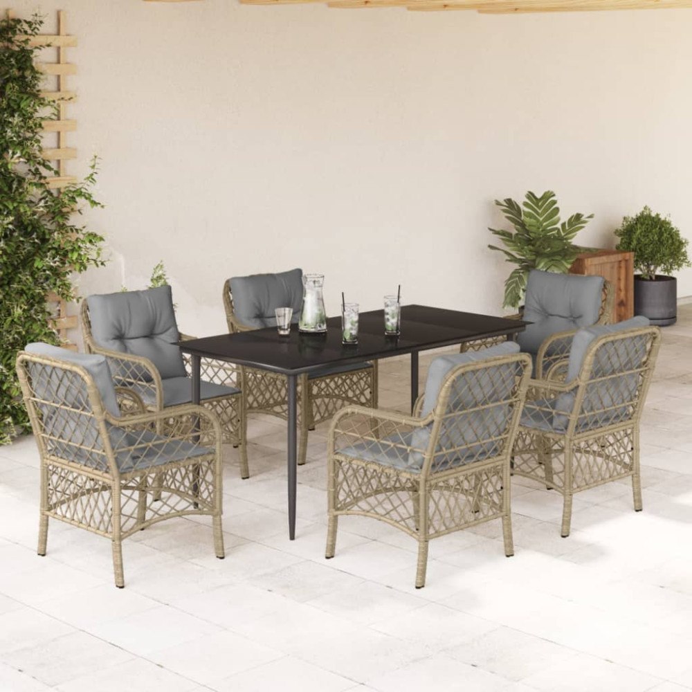 vidaXL Matgrupp för trädgården med dynor 7 delar mixbeige konstrotting