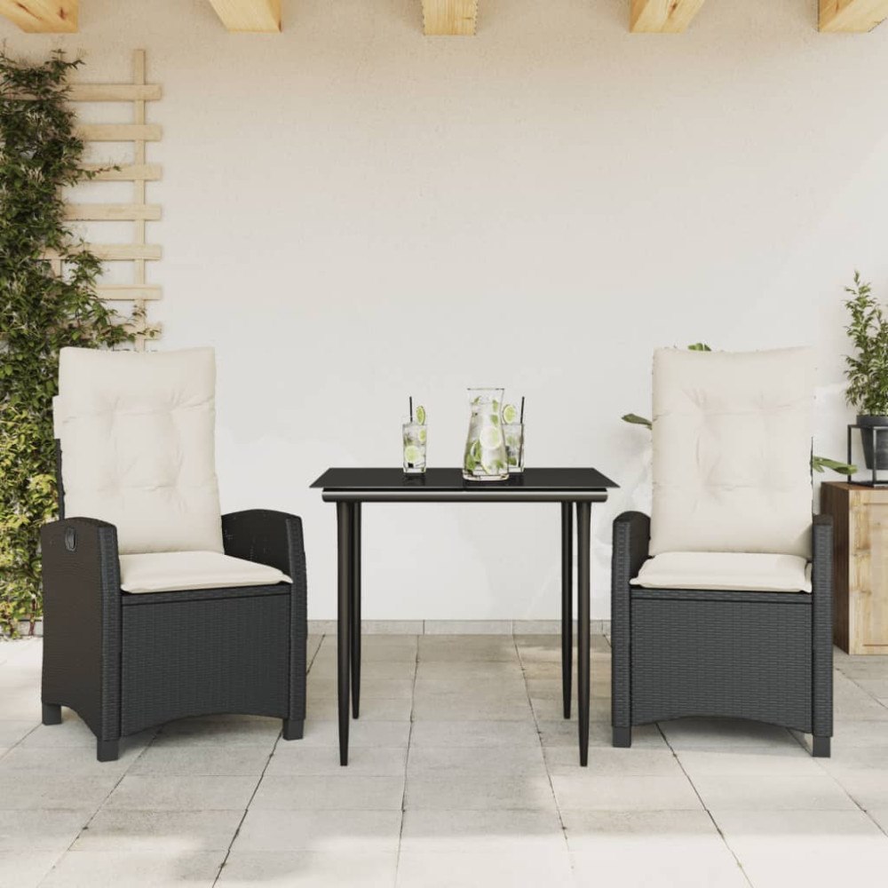 vidaXL Matgrupp för trädgården med dynor 3 delar svart konstrotting