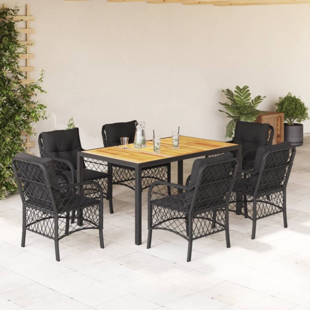 vidaXL Matgrupp för trädgården med dynor 7 delar svart konstrotting