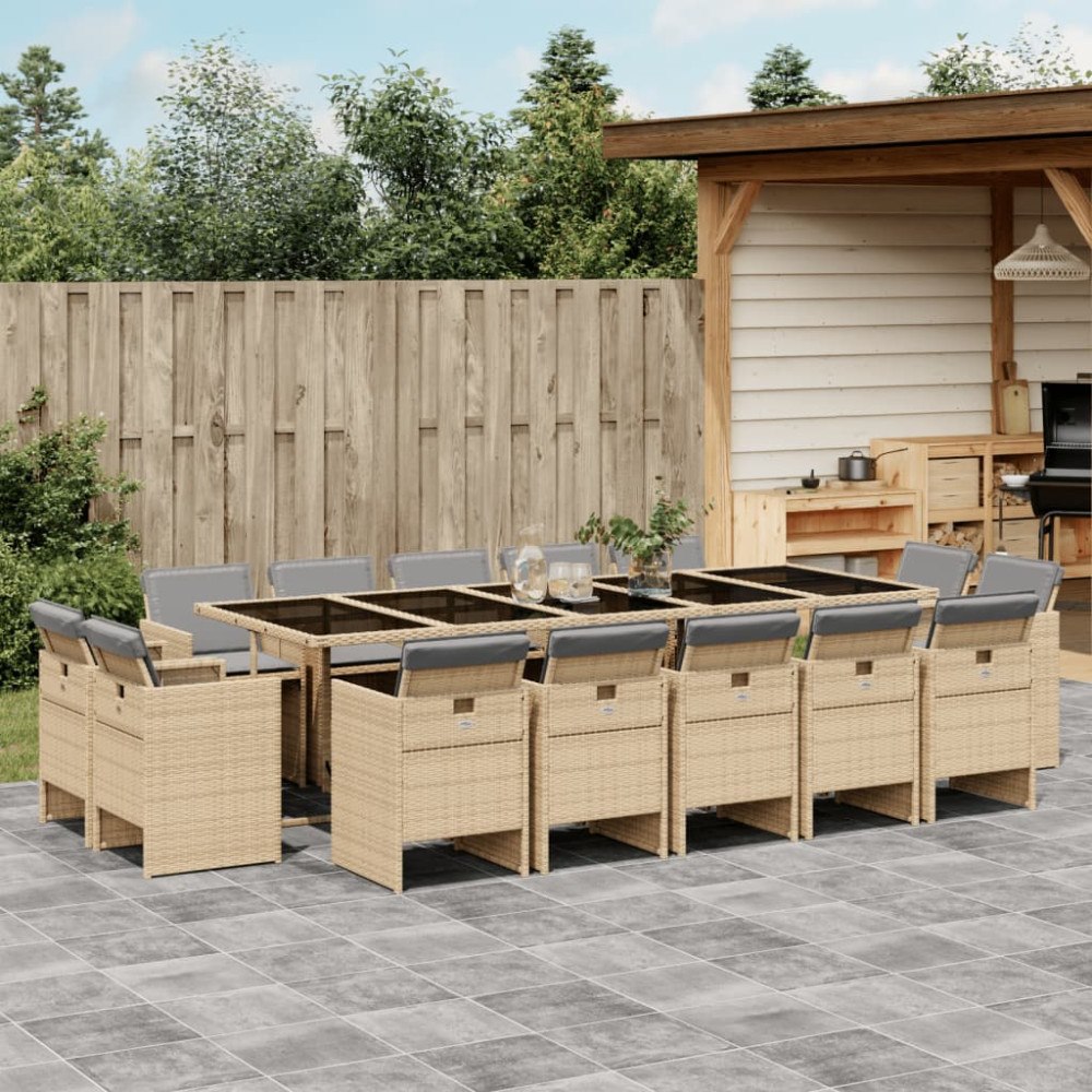 vidaXL Matgrupp för trädgården m. dynor 15 delar mixbeige konstrotting