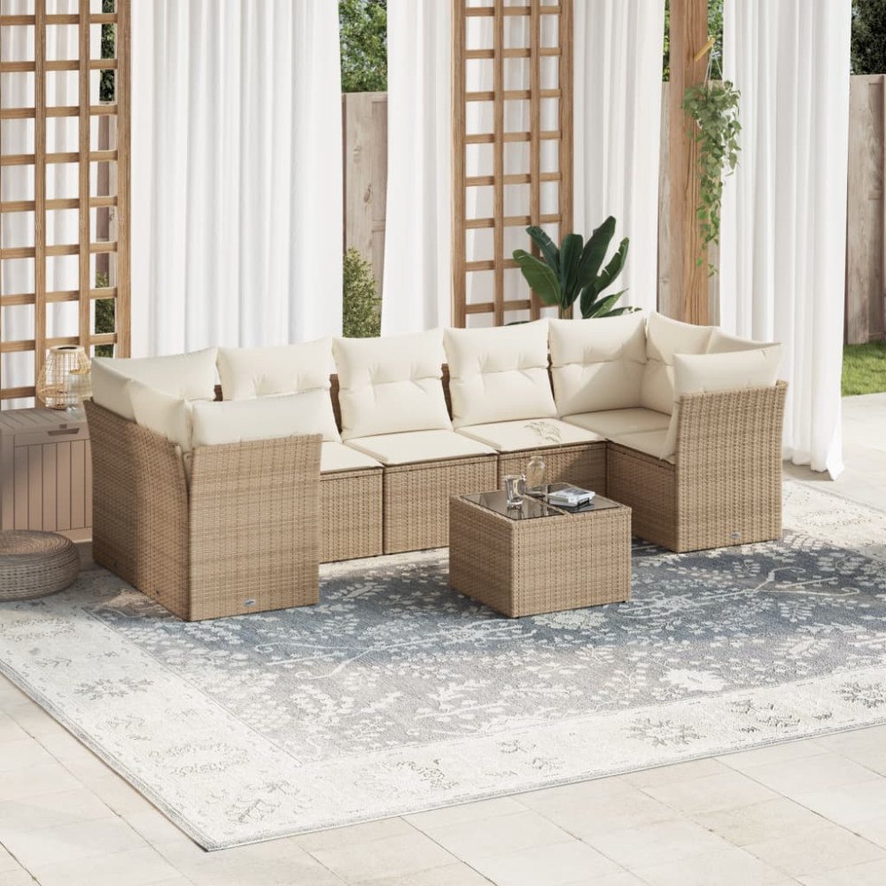 vidaXL Matgrupp för trädgården med dynor 8 delar beige konstrotting