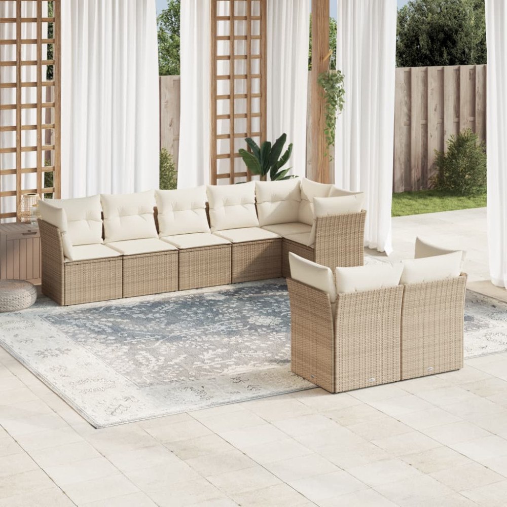 vidaXL Matgrupp för trädgården med dynor 8 delar beige konstrotting