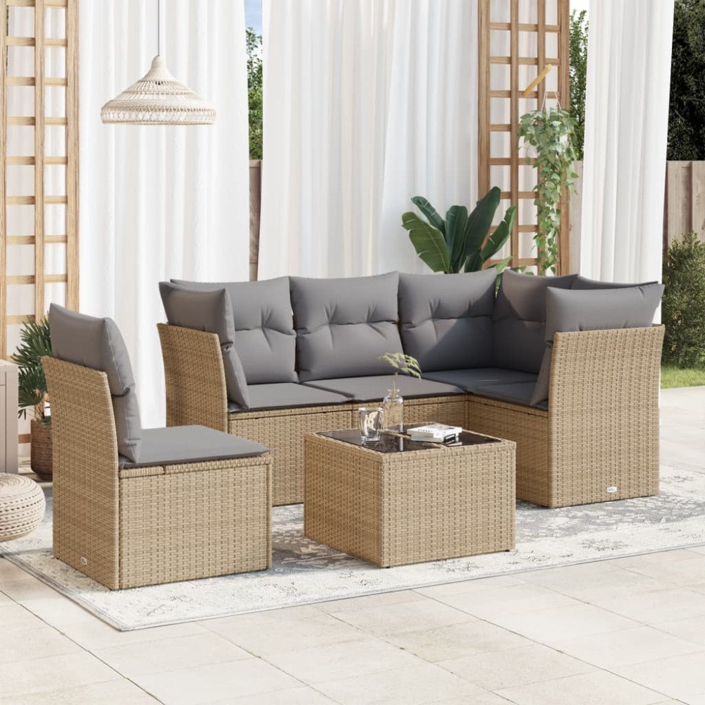 vidaXL Soffgrupp för trädgården med dynor 6 delar beige konstrotting