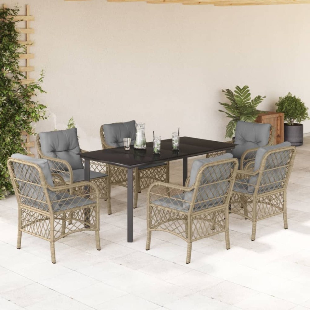 vidaXL Matgrupp för trädgården med dynor 7 delar mixbeige konstrotting