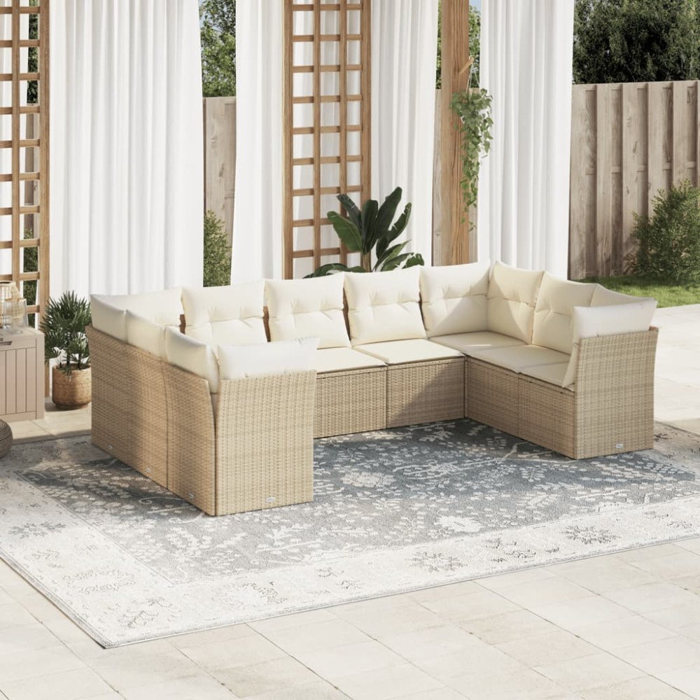 vidaXL Soffgrupp för trädgården med dynor 9 delar beige konstrotting
