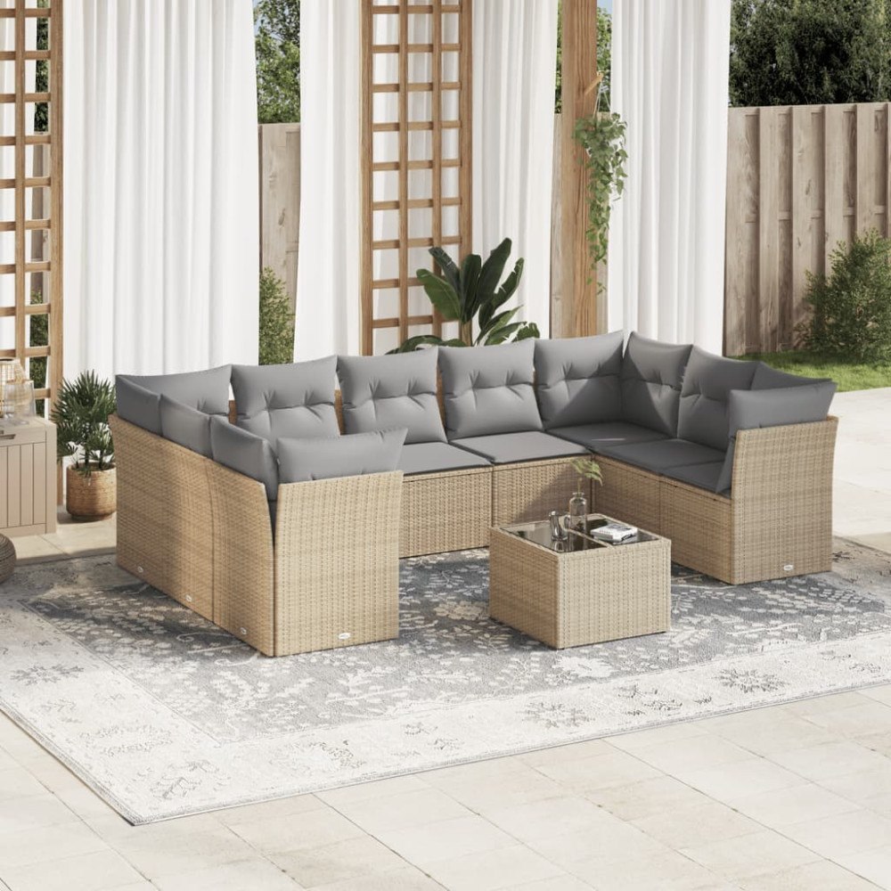 vidaXL Soffgrupp för trädgård med dynor 10 delar beige konstrotting