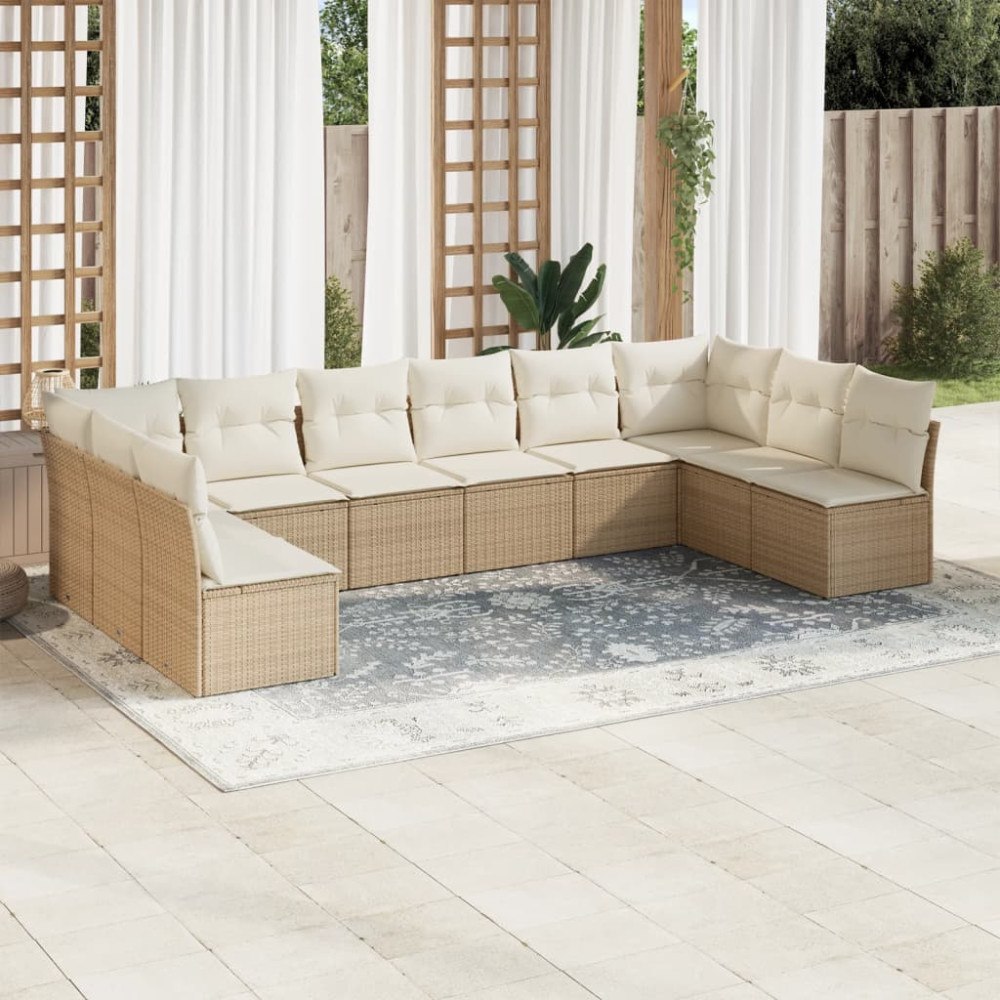 vidaXL Soffgrupp för trädgård med dynor 10 delar beige konstrotting