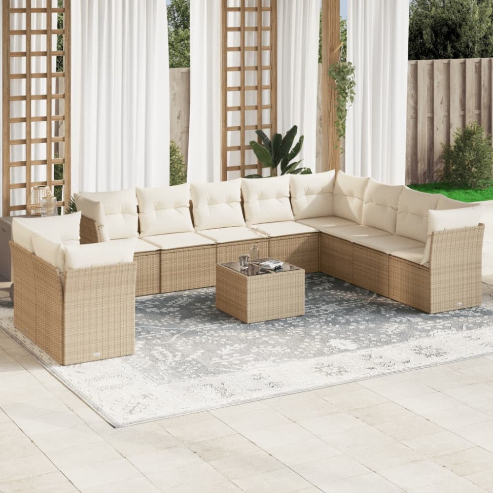 vidaXL Loungegrupp för trädgården m. dynor 11 delar beige konstrotting