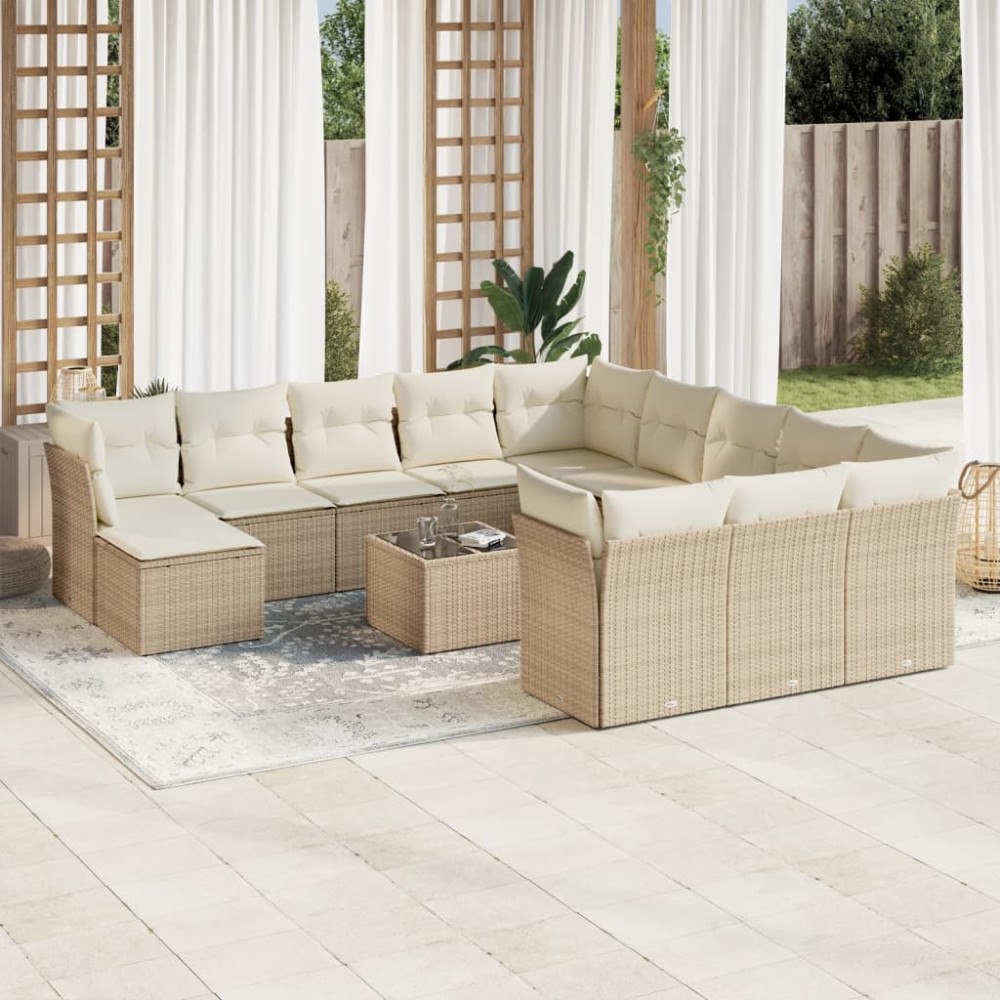 vidaXL Soffgrupp för trädgården med dynor 13 delar beige konstrotting