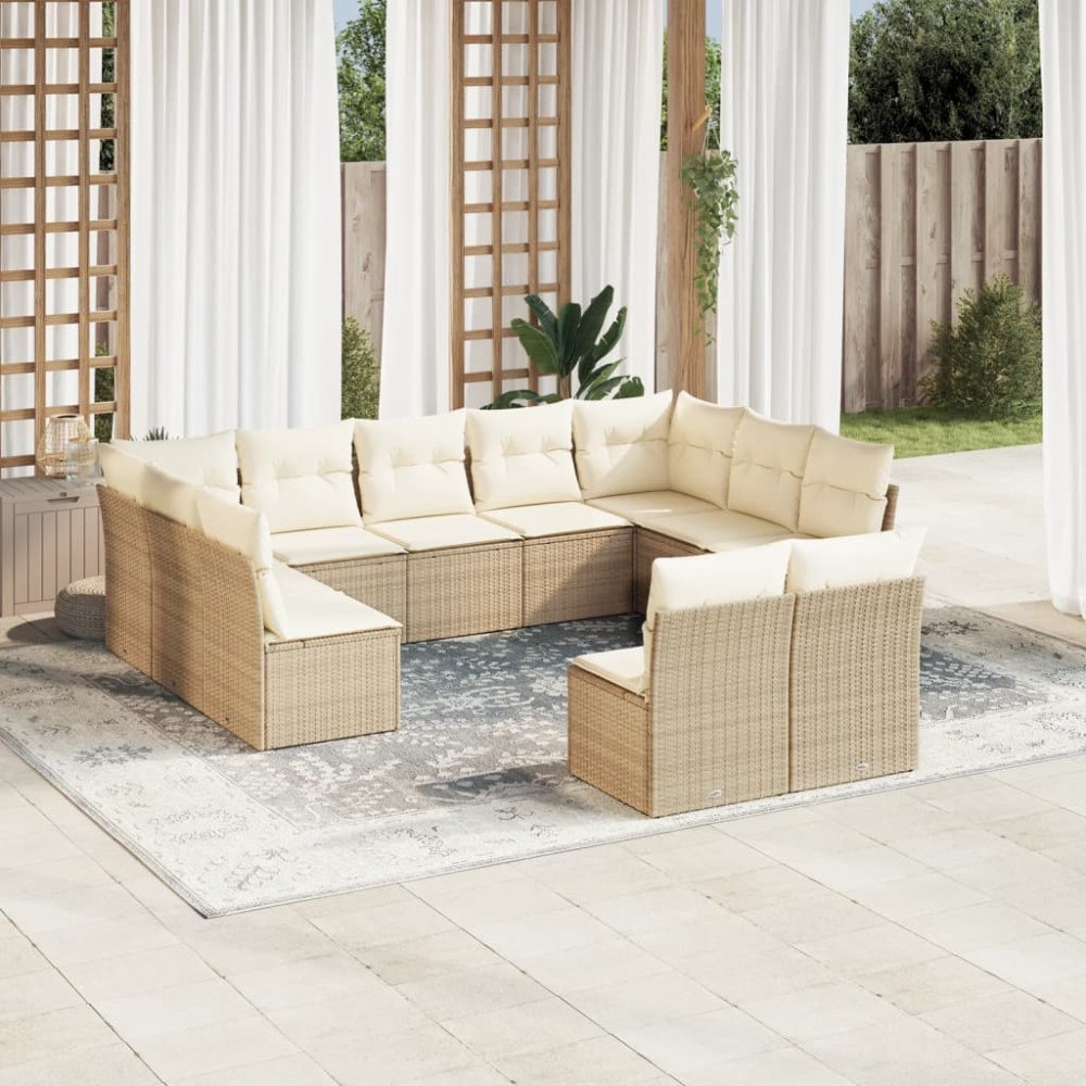 vidaXL Loungegrupp för trädgården m. dynor 11 delar beige konstrotting