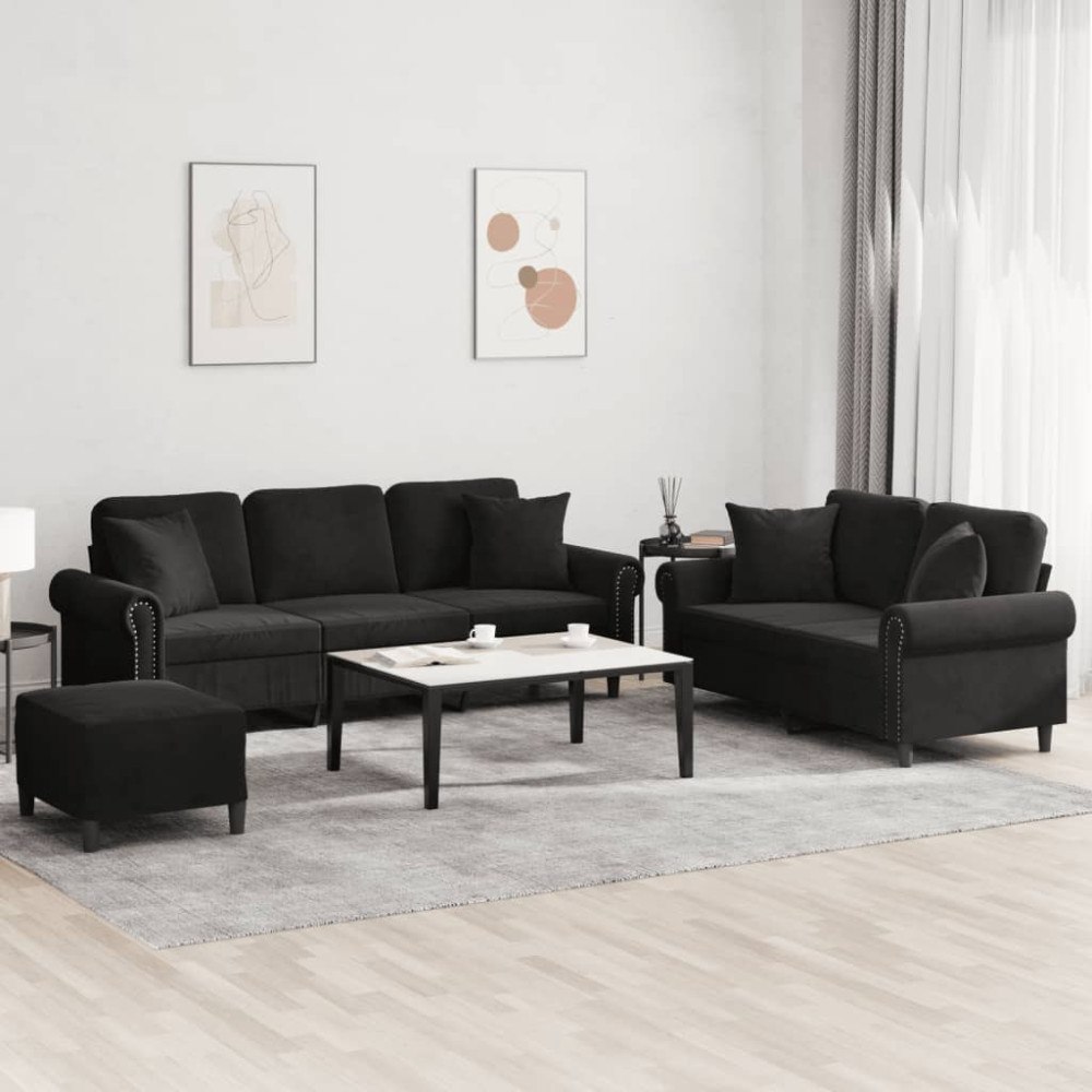 vidaXL Soffgrupp med kuddar 3 delar svart sammet