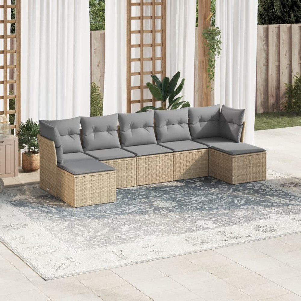 vidaXL Matgrupp för trädgården med dynor 7 delar beige konstrotting