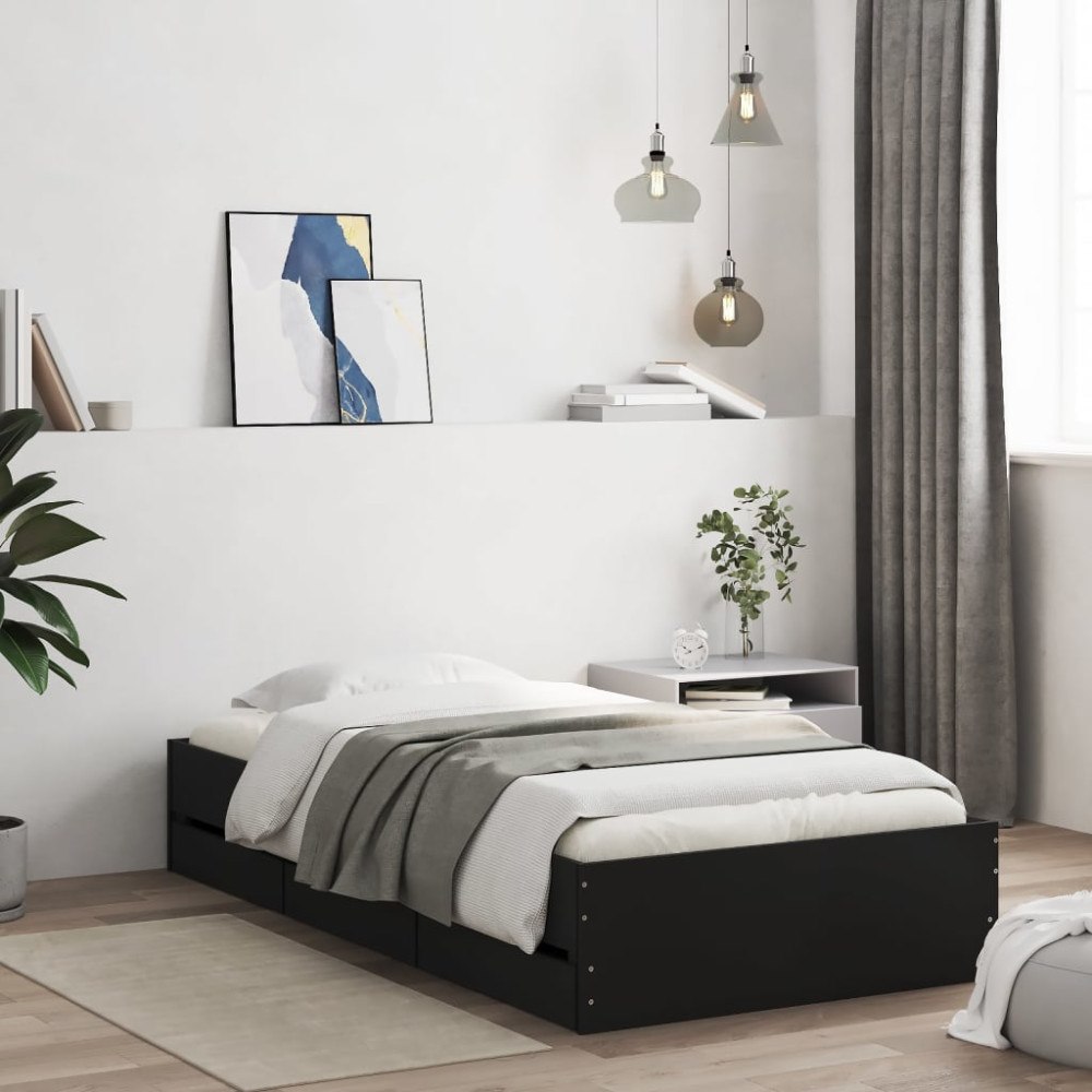 vidaXL Sängram med lådor svart 90x190 cm konstruerat trä