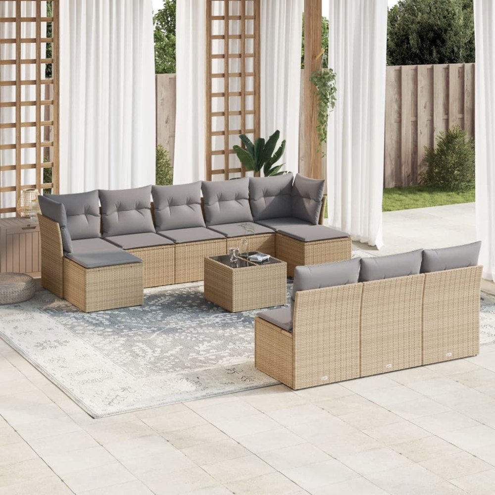 vidaXL Loungegrupp för trädgården m. dynor 11 delar beige konstrotting