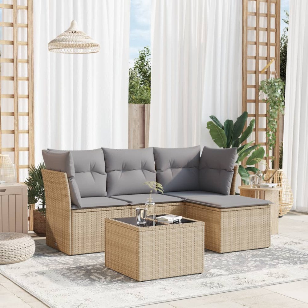 vidaXL Soffgrupp för trädgården med dynor 5 delar beige konstrotting