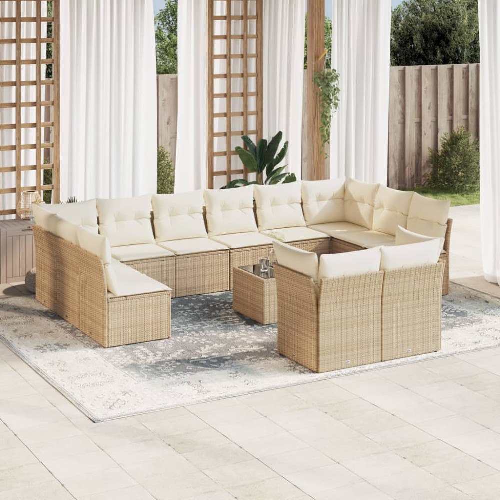 vidaXL Soffgrupp för trädgården med dynor 13 delar beige konstrotting