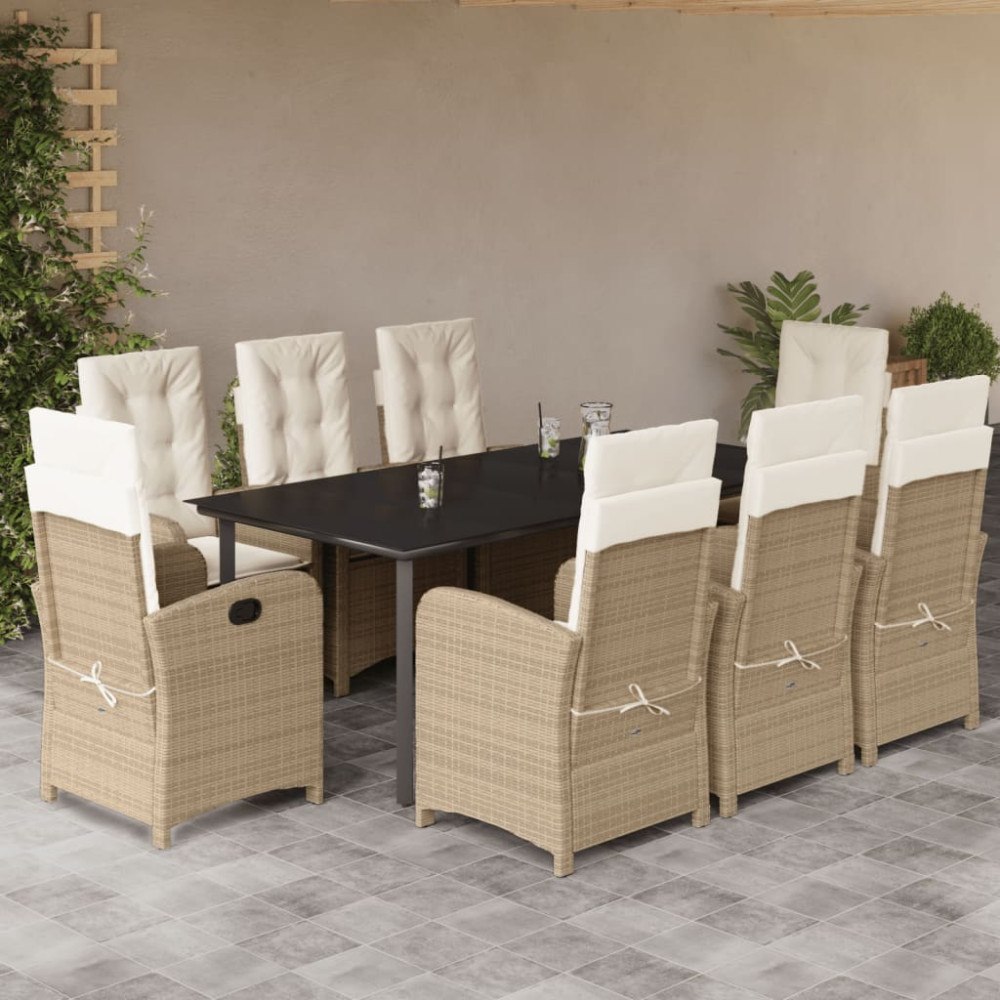 vidaXL Matgrupp för trädgården med dynor 9 delar beige konstrotting