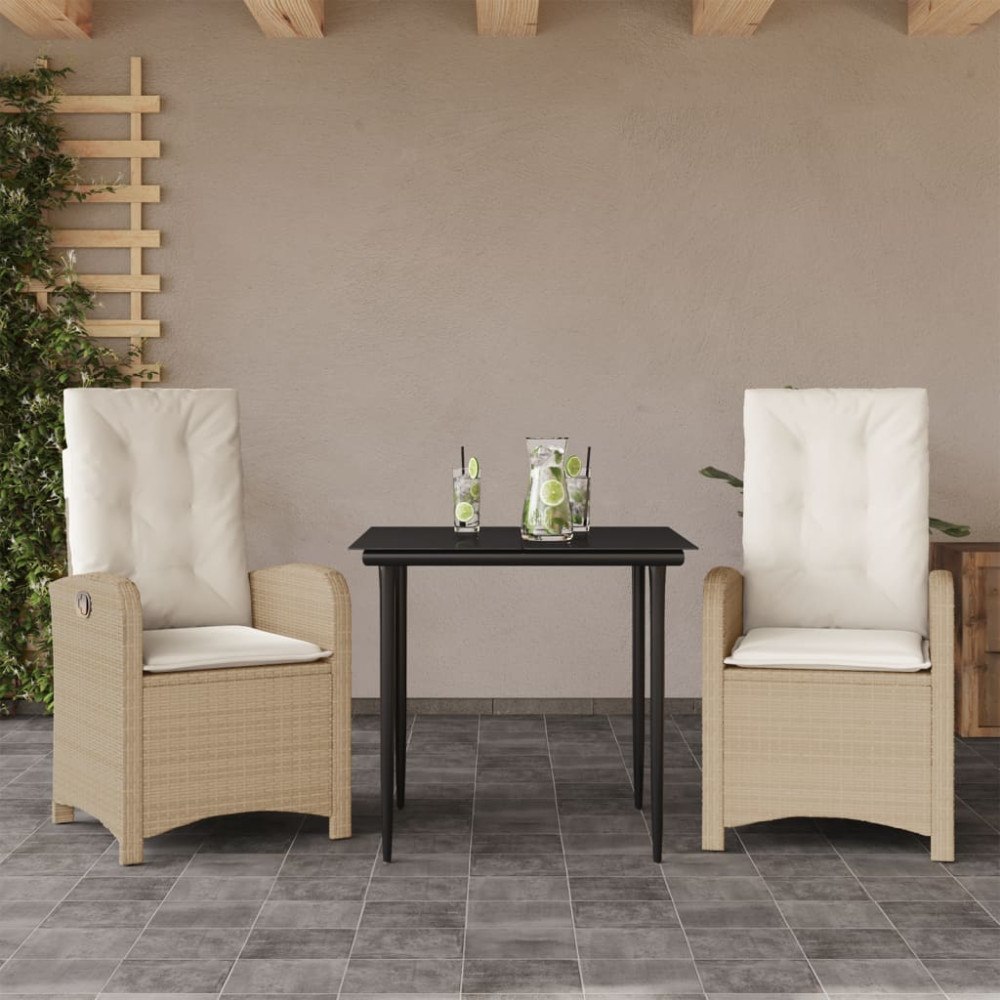 vidaXL Matgrupp för trädgården 3 delar med dynor beige konstrotting