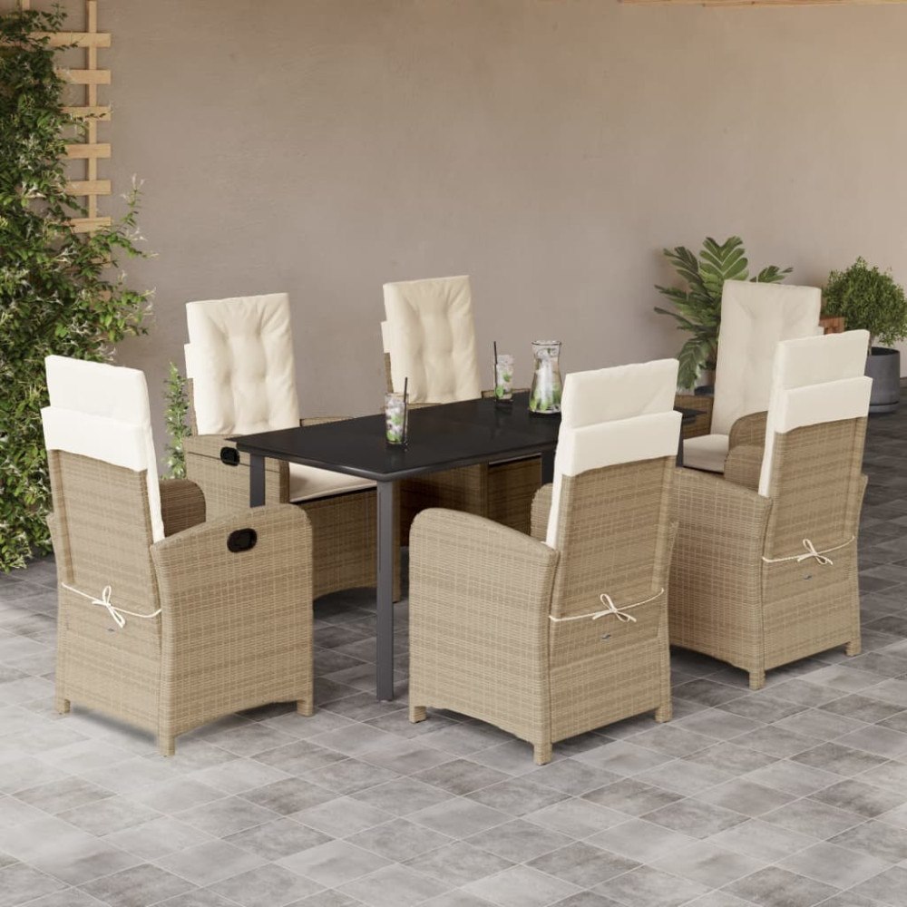 vidaXL Matgrupp för trädgården med dynor 7 delar beige konstrotting