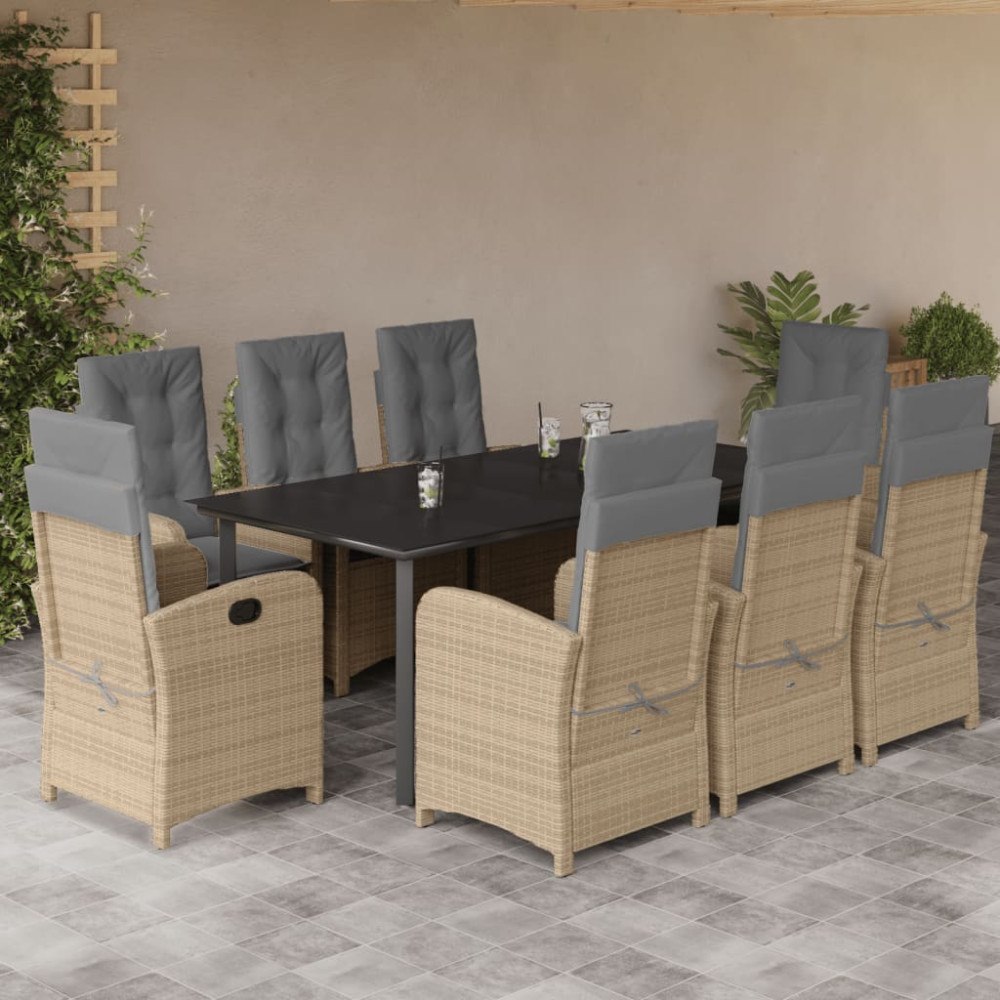vidaXL Matgrupp för trädgården med dynor 9 delar mixbeige konstrotting