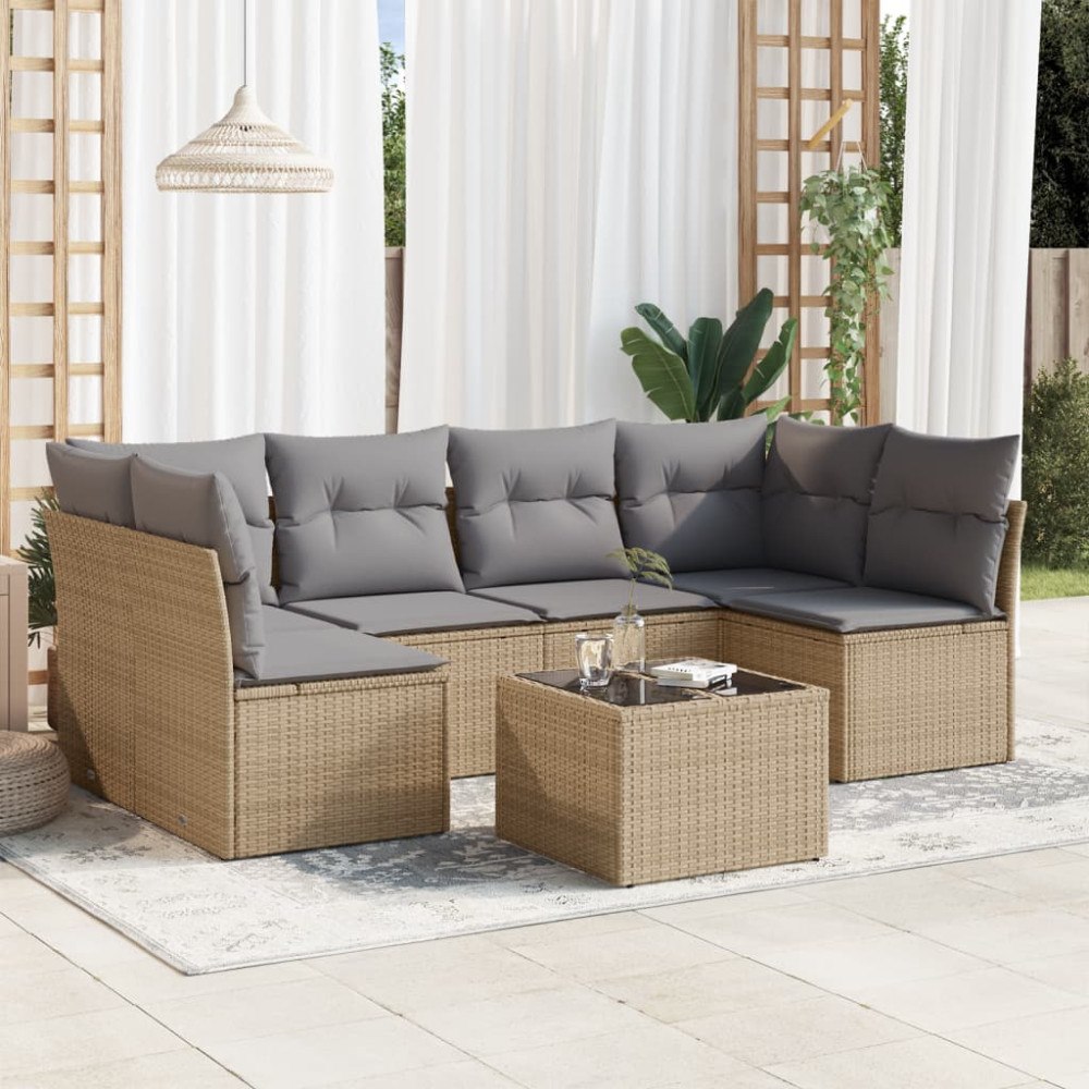 vidaXL Matgrupp för trädgården med dynor 7 delar beige konstrotting
