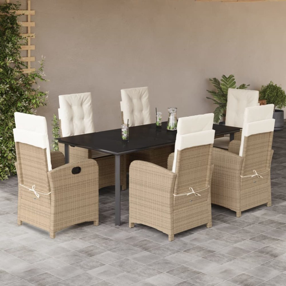 vidaXL Matgrupp för trädgården med dynor 7 delar beige konstrotting