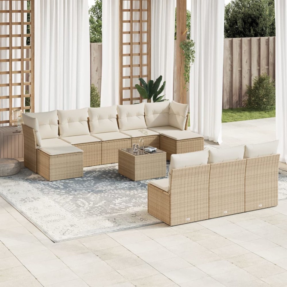 vidaXL Loungegrupp för trädgården m. dynor 11 delar beige konstrotting