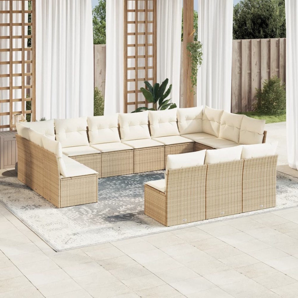 vidaXL Soffgrupp för trädgården med dynor 13 delar beige konstrotting