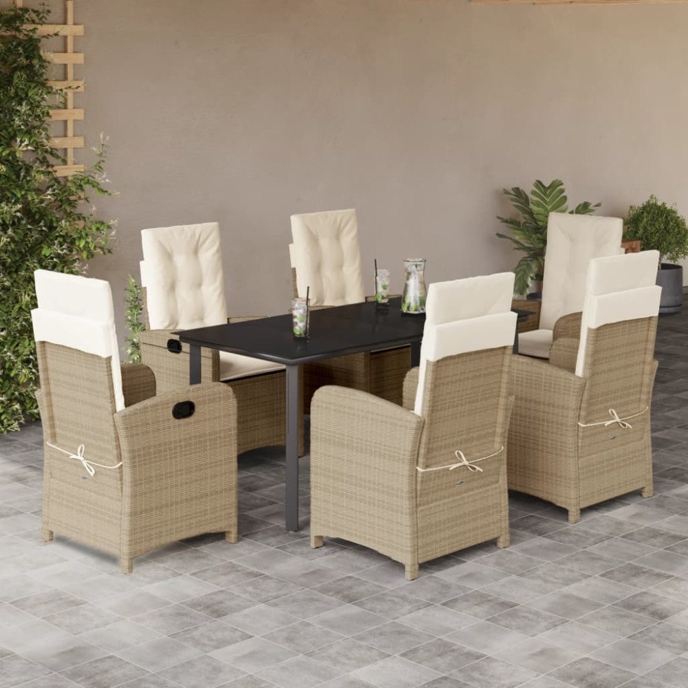 vidaXL Matgrupp för trädgården med dynor 7 delar beige konstrotting