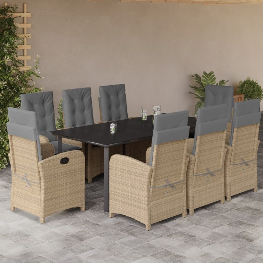 vidaXL Matgrupp för trädgården med dynor 9 delar mixbeige konstrotting