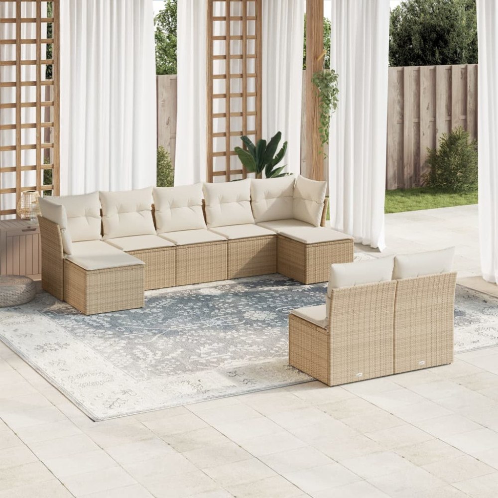 vidaXL Soffgrupp för trädgården med dynor 9 delar beige konstrotting