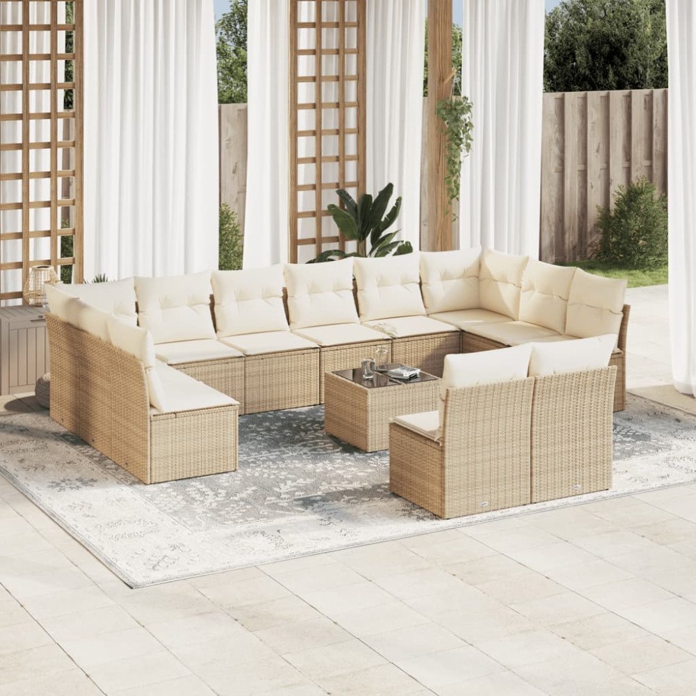 vidaXL Soffgrupp för trädgården med dynor 13 delar beige konstrotting