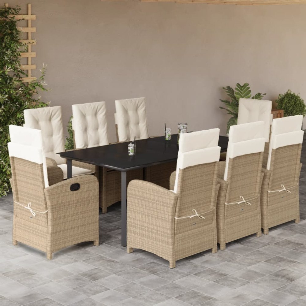 vidaXL Matgrupp för trädgården med dynor 9 delar beige konstrotting