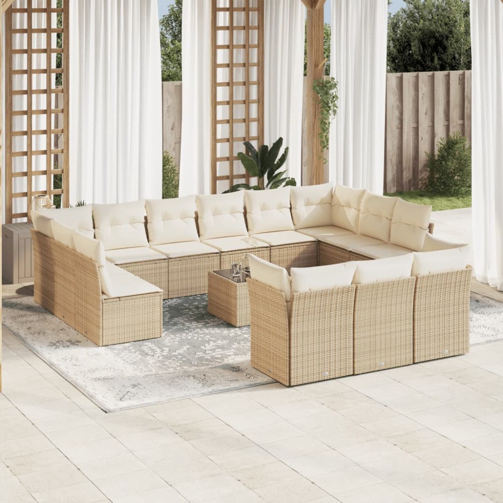 vidaXL Soffgrupp för trädgården 14 delar med dynor beige konstrotting