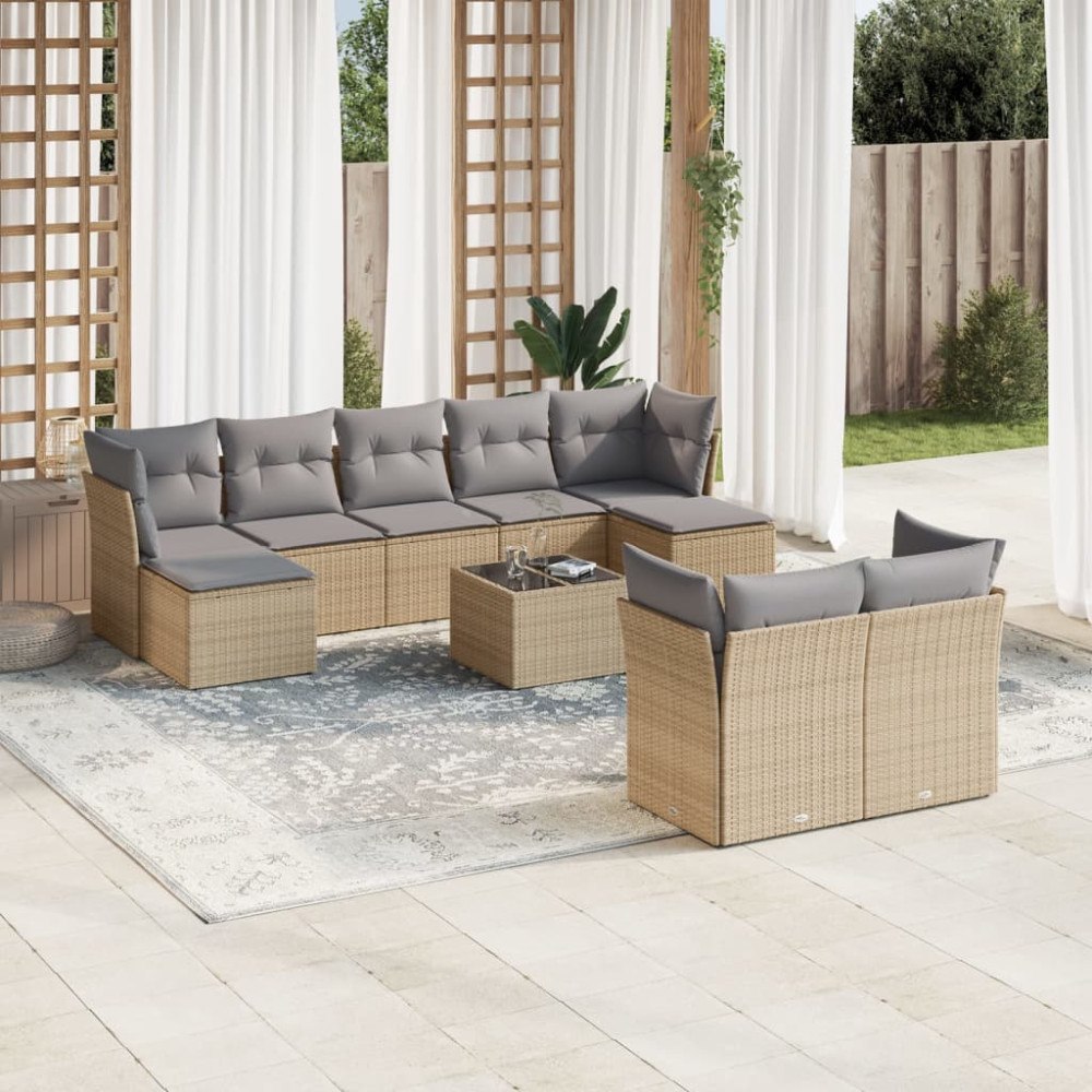 vidaXL Soffgrupp för trädgård med dynor 10 delar beige konstrotting