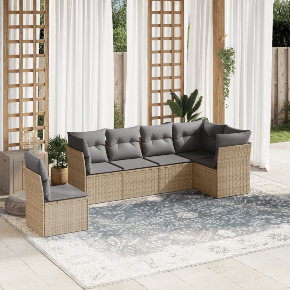 vidaXL Soffgrupp för trädgården med dynor 6 delar beige konstrotting