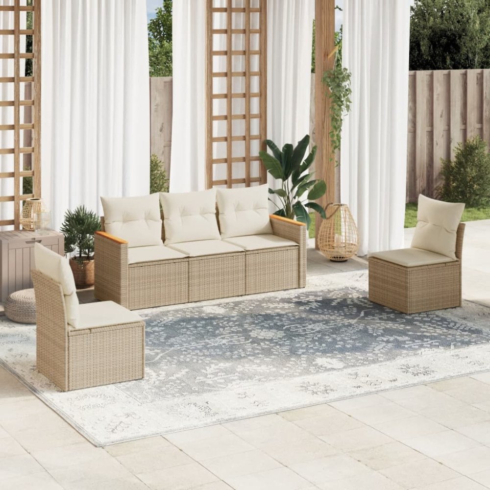 vidaXL Soffgrupp för trädgården med dynor 5 delar beige konstrotting