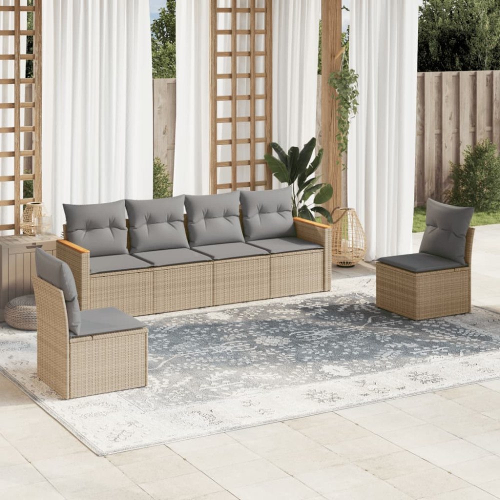 vidaXL Soffgrupp för trädgården med dynor 6 delar beige konstrotting