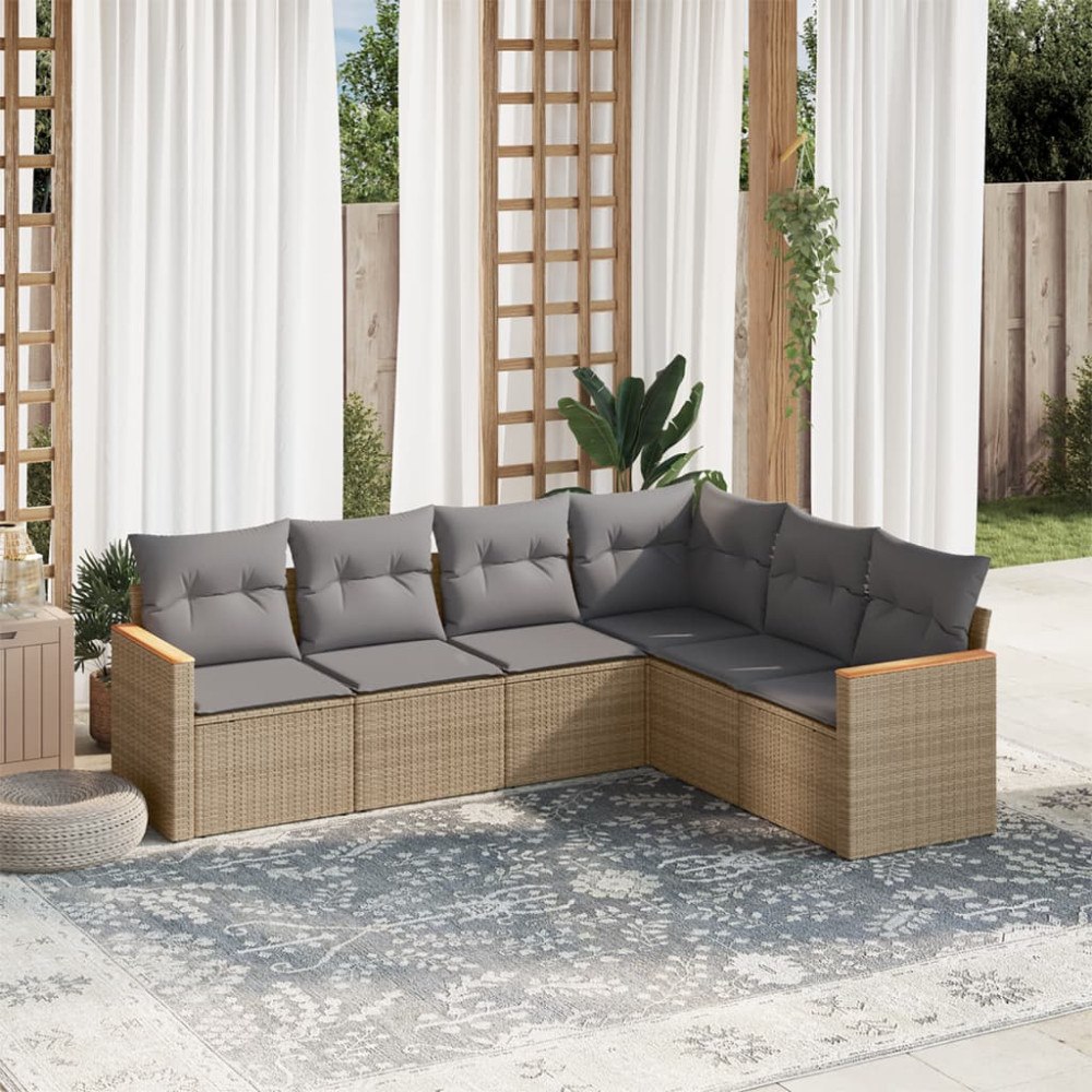 vidaXL Soffgrupp för trädgården med dynor 6 delar beige konstrotting