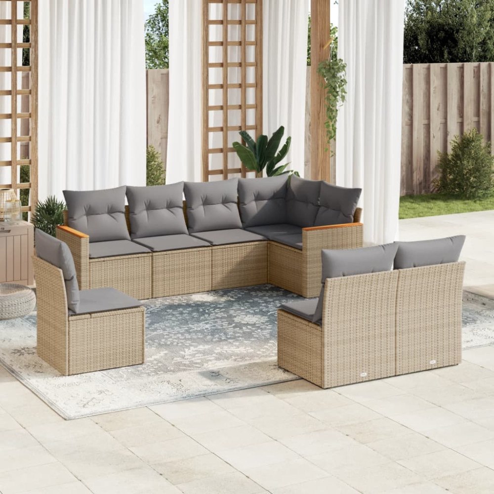 vidaXL Matgrupp för trädgården med dynor 8 delar beige konstrotting