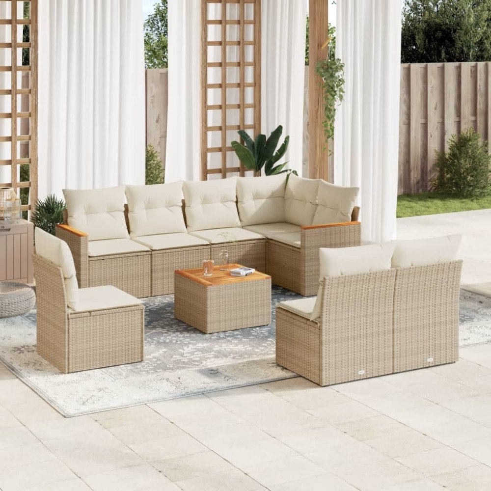vidaXL Soffgrupp för trädgården med dynor 9 delar beige konstrotting
