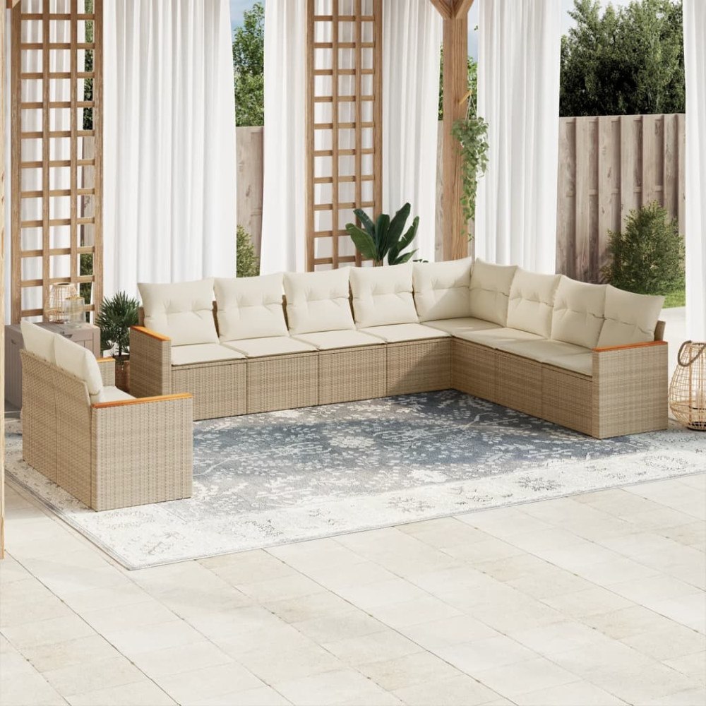 vidaXL Soffgrupp för trädgård med dynor 10 delar beige konstrotting