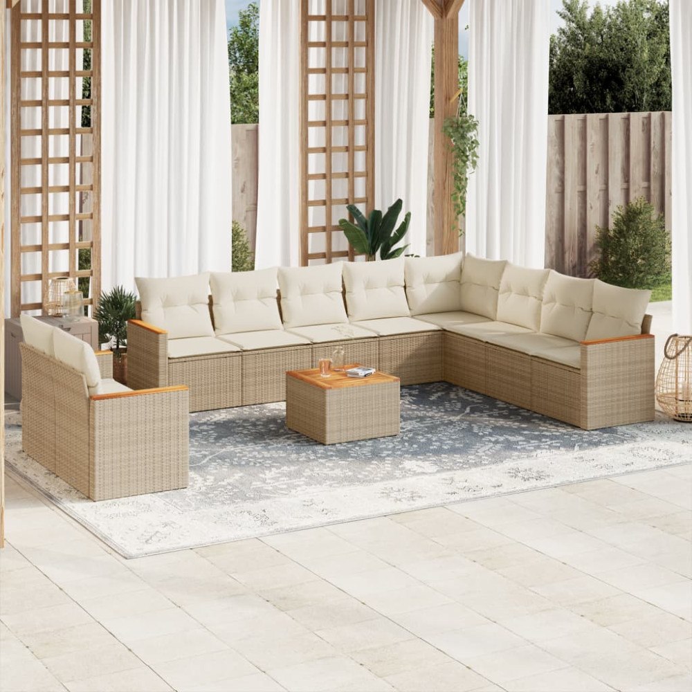 vidaXL Loungegrupp för trädgården m. dynor 11 delar beige konstrotting
