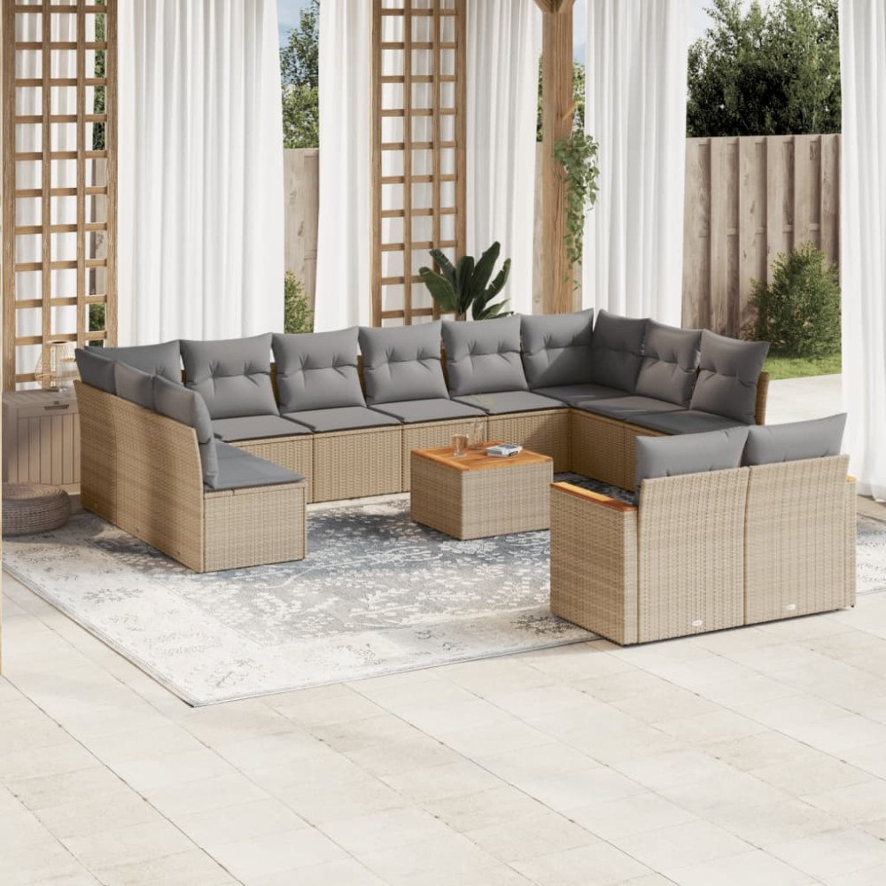 vidaXL Soffgrupp för trädgården med dynor 13 delar beige konstrotting